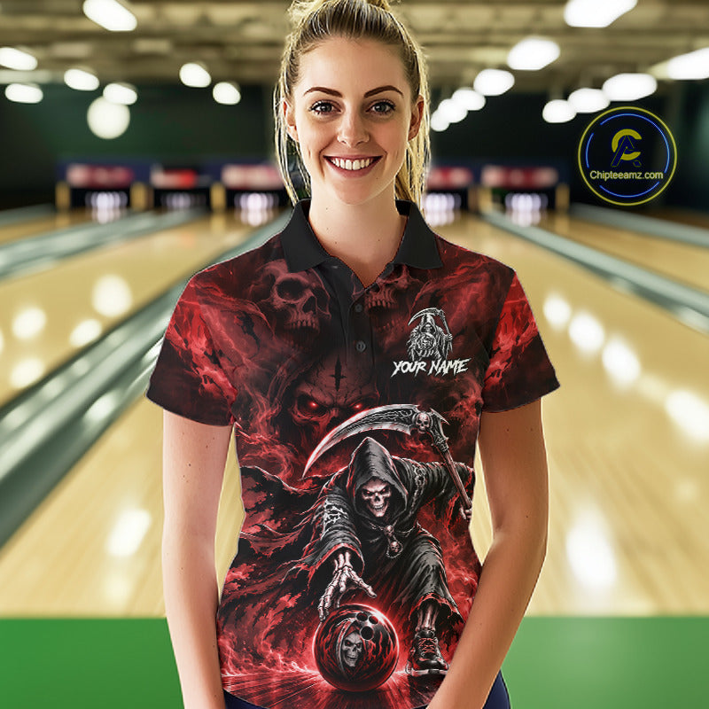Female athlete modeling Red Flame Grim Reaper bowling jersey representing courage, fearless attitude, passion, strength, Halloween-inspired sports fashion.
