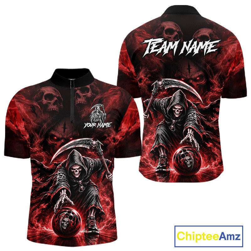 Black & Red Flame Grim Reaper Quarter-Zip Bowling Jersey featuring personalized player name, breathable performance apparel, gothic tournament sportswear.