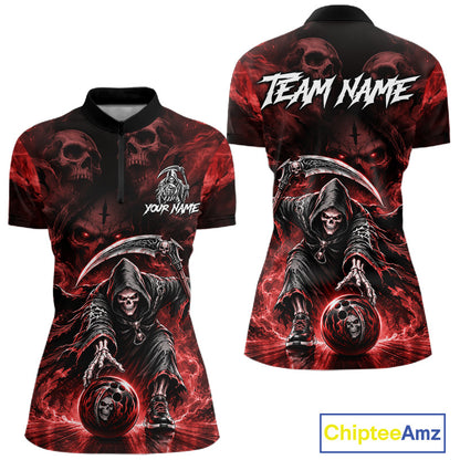 Black & Red Flame Grim Reaper Quarter-Zip Bowling Shirt featuring custom bowling team graphics, quick-dry performance fabric, skull artwork, championship bowling jersey.