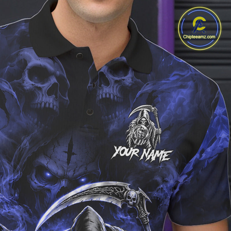 Male bowler modeling Blue Flame Grim Reaper bowling shirt featuring fearless attitude, leadership, biker culture, custom bowling sportswear.
