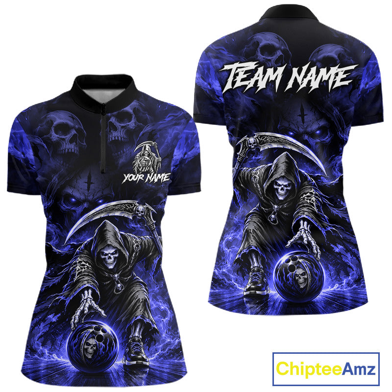 Black & Blue Flame Grim Reaper Quarter-Zip Bowling Shirt featuring skull artwork, personalized team graphics, quick-dry performance fabric, athletic bowling apparel.