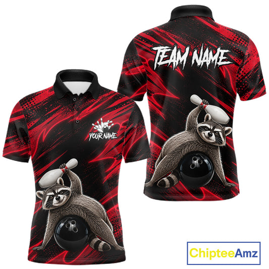 Neon Red Funny Raccoon Bowling Polo featuring personalized player name, neon red graphics, breathable bowling apparel, fun mascot jersey, custom league sportswear.