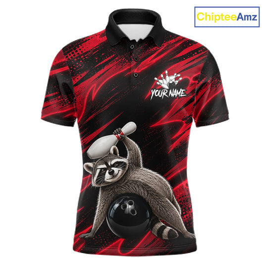 Neon Red Funny Raccoon Bowling Polo featuring personalized player name, neon red graphics, breathable bowling apparel, fun mascot jersey, custom league sportswear.