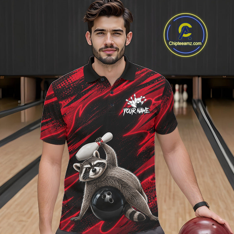 Male bowler modeling Neon Red Funny Raccoon bowling shirt featuring playful mascot, gaming culture, teamwork, custom athletic sportswear.