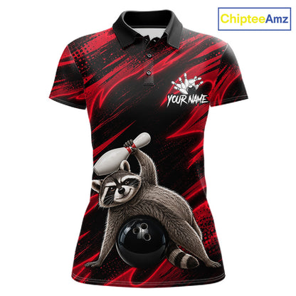 Neon Red Funny Raccoon Bowling Polo featuring neon raccoon mascot, personalized bowling team name, moisture-wicking athletic polo, gaming-inspired mascot sportswear, custom bowling tournament apparel.