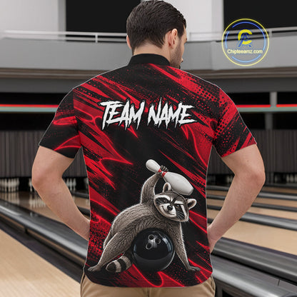 Male bowler modeling Neon Red Funny Raccoon bowling shirt featuring playful mascot, gaming culture, teamwork, custom athletic sportswear.