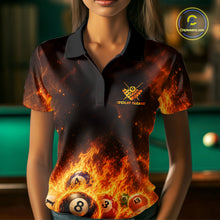 Load image into Gallery viewer, Female billiard player wearing Fire Flame Dragon billiard jersey, custom pool team shirt