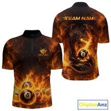 Load image into Gallery viewer, Fire Flame Dragon men's billiard quarter zip shirt, custom 8 ball billiard jersey, dragon pool team apparel