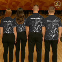 Load image into Gallery viewer, Men women bowling team wearing Black and White Grunge Dragon custom bowling uniforms, league bowling jerseys