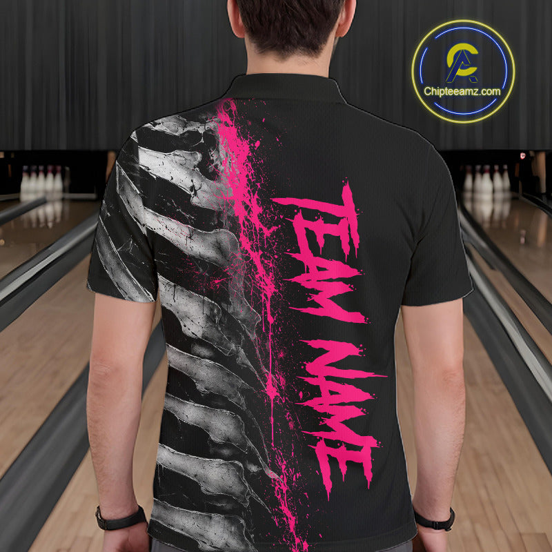 Male model wearing Pink Splatter Grey Bone custom bowling polo shirt, skeleton team jersey, bowling tournament apparel, sports club performance uniform