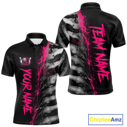 Pink Splatter Grey Bone Men's Bowling Polo Shirt, Personalized Bowling Team Jersey, Skeleton Performance Shirt, Pink Splatter Tournament Apparel, Athletic League Uniform