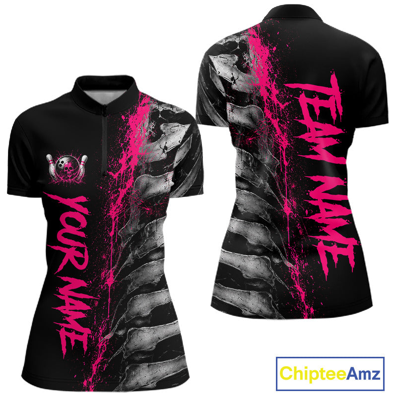 Pink Splatter Grey Bone Women's Bowling Quarter-Zip Shirt, Personalized Skeleton Bowling Jersey, Moisture-Wicking Tournament Apparel, Pink Athletic Team Uniform
