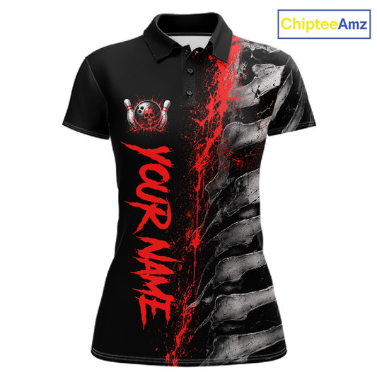 Red Splatter Grey Bone Women's Bowling Polo Shirt, Personalized Team Jersey, Skeleton Tournament Apparel, Red Paint Splatter Bowling Uniform, Competitive League Shirt, Power & Strength Symbol