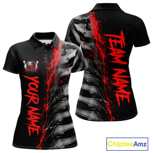 Red Splatter Grey Bone Women's Bowling Polo Shirt, Personalized Team Jersey, Skeleton Tournament Apparel, Red Paint Splatter Bowling Uniform, Competitive League Shirt, Power & Strength Symbol