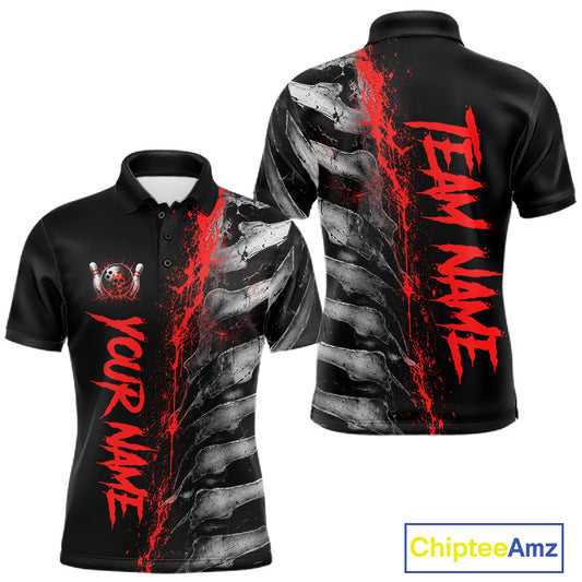 Red Splatter Grey Bone Men's Bowling Polo Shirt, Personalized Skeleton Bowling Jersey, Tournament Team Apparel, Red Athletic Performance Shirt, Competitive Spirit