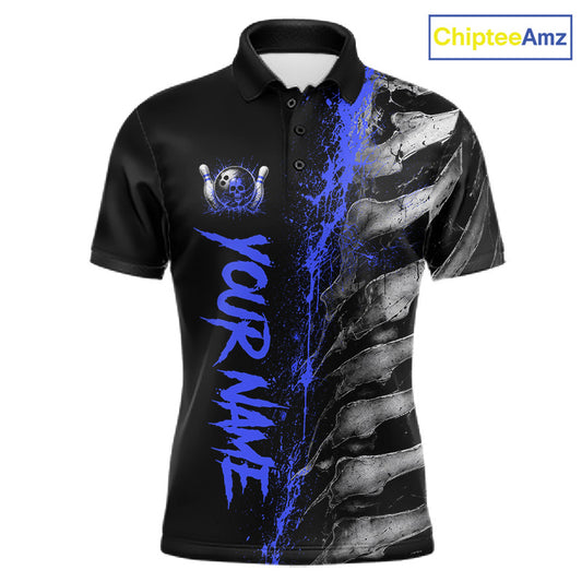 Blue Splatter Grey Bone Men's Bowling Polo Shirt, Personalized Skeleton Bowling Jersey, Athletic Tournament Apparel, Bowling Team Performance Shirt