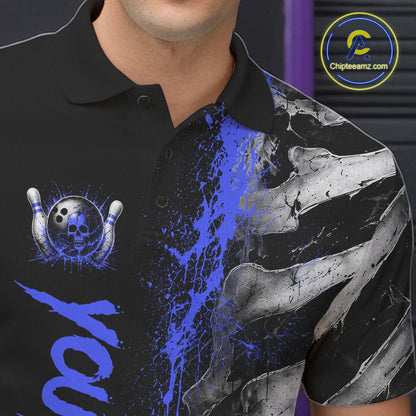Male model wearing Blue Splatter Grey Bone personalized bowling polo shirt at bowling tournament, custom skeleton jersey, competitive performance apparel