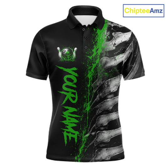 Green Splatter Grey Bone Men's Bowling Polo Shirt, Personalized Skeleton Bowling Jersey, Tournament Performance Apparel, Green Athletic Team Shirt