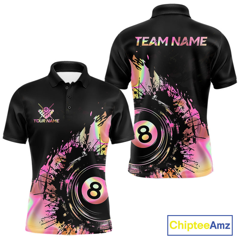 Men's Holographic Pink 8 Ball billiard polo, personalized pool tournament shirt, custom APA league jersey, athletic team apparel, moisture-wicking performance fabric.