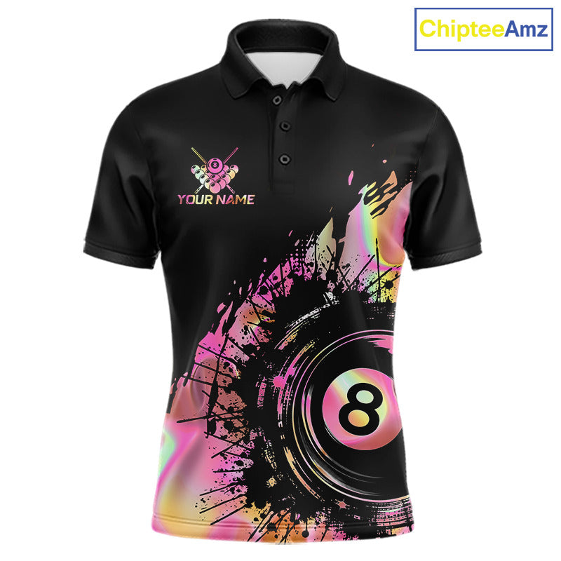 Men's Holographic Pink 8 Ball billiard polo, personalized pool tournament shirt, custom APA league jersey, athletic team apparel, moisture-wicking performance fabric.