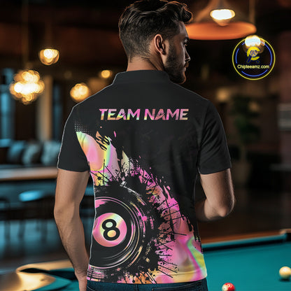 Male model wearing holographic pink custom billiard polo, personalized APA league jersey, tournament apparel, athletic team clothing.