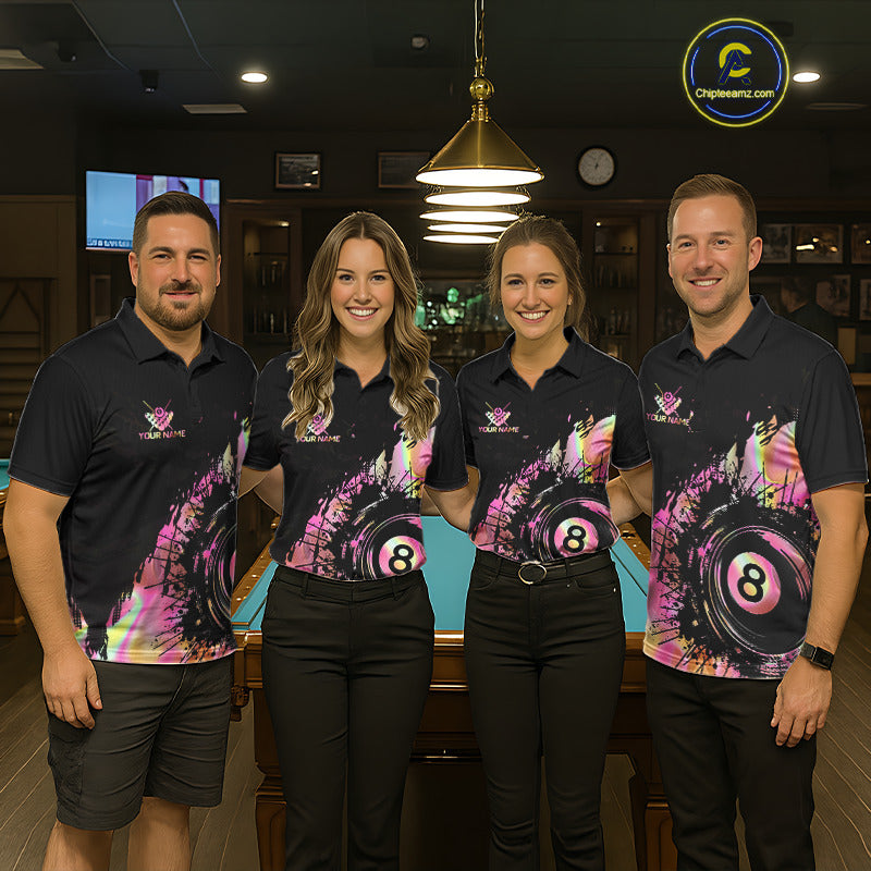 Matching billiard team wearing holographic pink personalized jerseys, pool billiard uniforms, custom sports club apparel.
