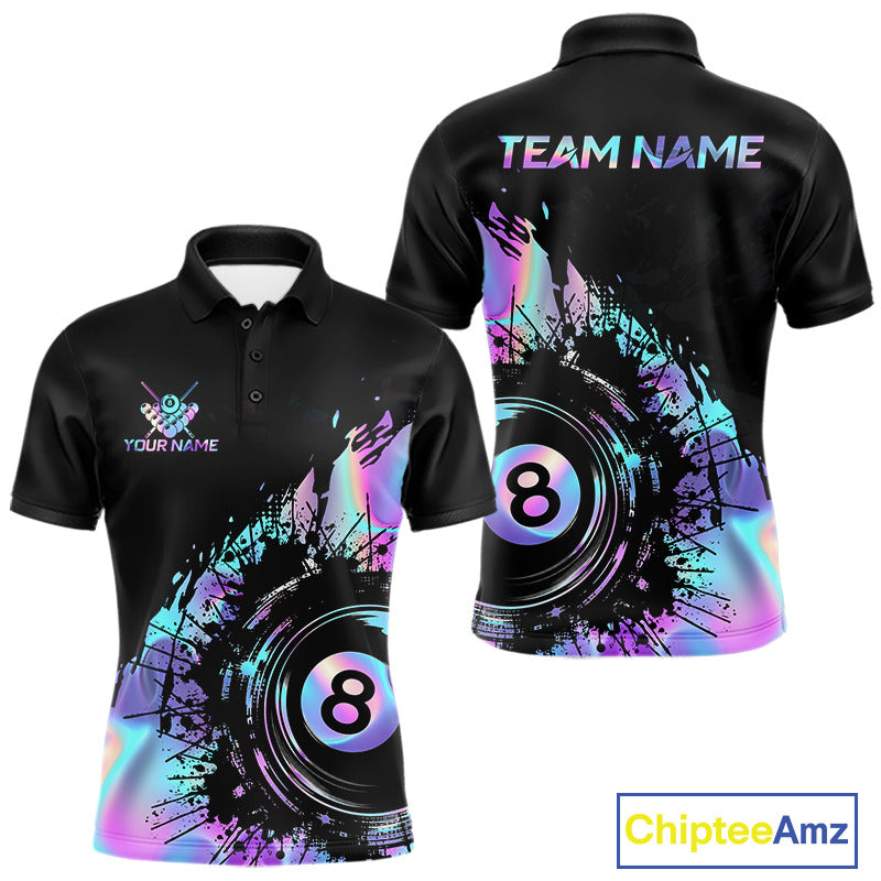 Men's Holographic Rainbow billiard polo featuring 8 Ball artwork, personalized pool team jersey, pool  tournament apparel, breathable athletic polo.