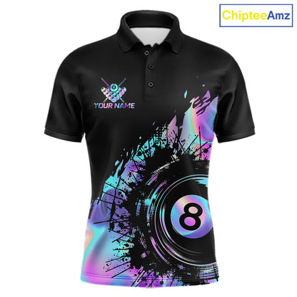 Men's Holographic Rainbow billiard polo featuring 8 Ball artwork, personalized pool team jersey, pool  tournament apparel, breathable athletic polo.