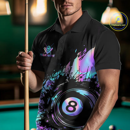 Male model wearing holographic rainbow pool polo, personalized tournament jersey, custom billiard club apparel, performance athletic wear.