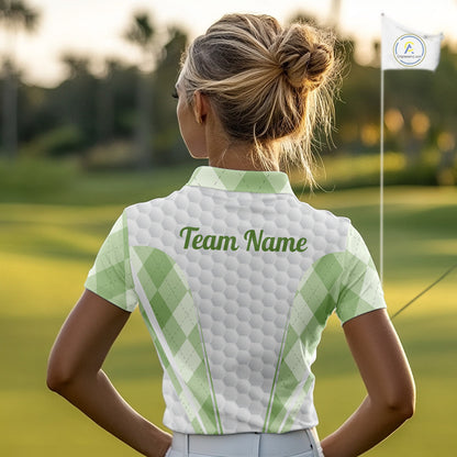 Womens Golf Polo Shirt Argyle Pattern Golf Shirts For Womens Green Argyle And White Golf Ball Gifts NYN2906