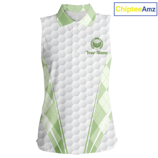 Womens Sleeveless Golf Polo Shirt Argyle Pattern Golf Shirts For Womens Green Argyle And White Golf Ball Gifts NYN2906