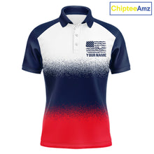 Load image into Gallery viewer, Men's US Flag golf polo shirt, patriotic red white and blue golf polo, custom golf team apparel, American flag golf shirt, men's golf uniform, tournament golf clothing
