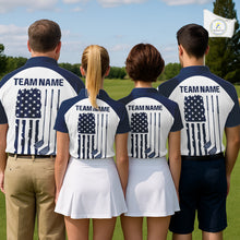 Load image into Gallery viewer, Men women golf team wearing matching US flag golf polo shirts, patriotic golf uniforms, custom golf team apparel