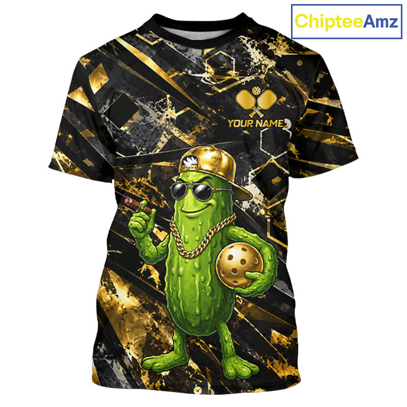 Custom Gold And Black Retro Funny Pickleball T-Shirt For Men, Cool Pickle Outfits Pickleball Shirt NYN3859