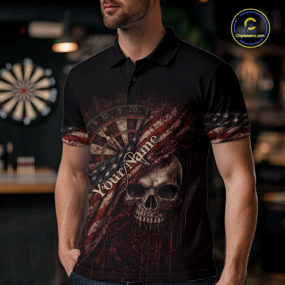 Red Grunge Retro Amercian Flag Dartboard Men Dart Polo Shirt Custom Skull Dart Team Jerseys NYN2542