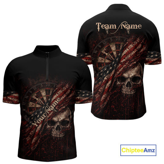 Red Grunge Retro American Flag Dartboard Men Dart 1/4-Zip Shirt Custom Skull Dart Team Jerseys NYN2542