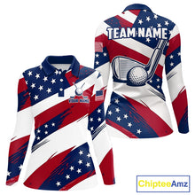 Load image into Gallery viewer, Women's US Flag golf long sleeves polo shirt, patriotic red white and blue golf apparel, custom golf team shirt, golf tournament polo, personalized golf clothing, golf gift for women