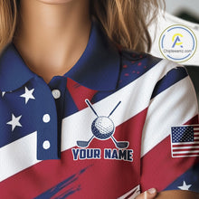 Load image into Gallery viewer, Female golfer wearing patriotic US flag golf polo shirt, red white blue golf apparel, custom golf team clothing, women's golf tournament outfit