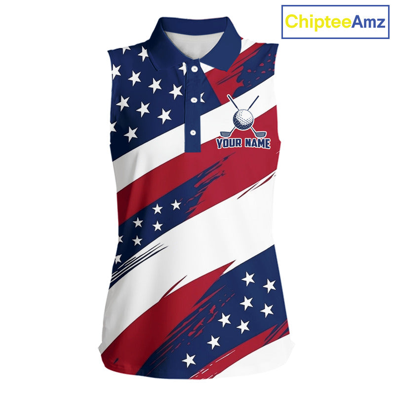 Women's US Flag golf sleeveless polo shirt, patriotic red white and blue golf apparel, custom golf team shirt, golf tournament polo, personalized golf clothing, golf gift for women