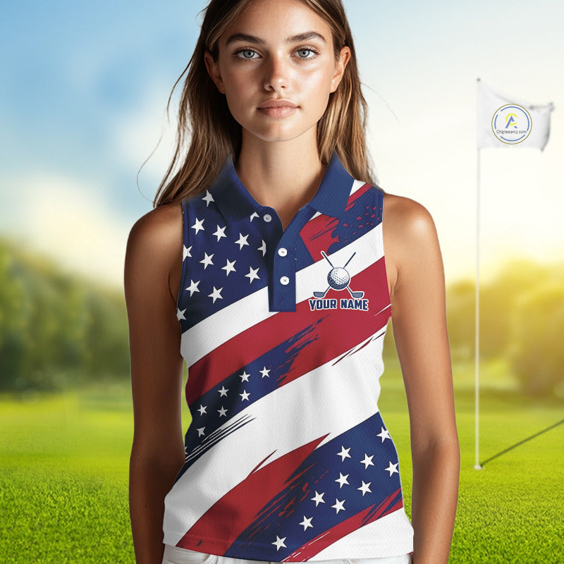 Female golfer wearing patriotic US flag golf polo shirt, red white blue golf apparel, custom golf team clothing, women's golf tournament outfit