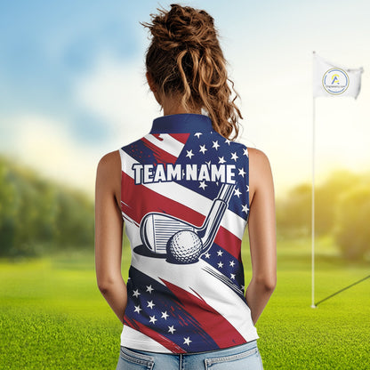 Female golfer wearing patriotic US flag golf polo shirt, red white blue golf apparel, custom golf team clothing, women's golf tournament outfit