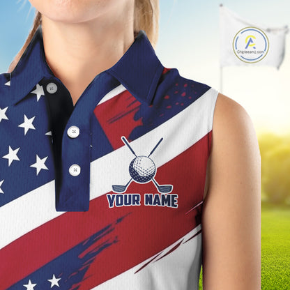 Female golfer wearing patriotic US flag golf polo shirt, red white blue golf apparel, custom golf team clothing, women's golf tournament outfit