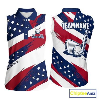 Women's US Flag golf sleeveless polo shirt, patriotic red white and blue golf apparel, custom golf team shirt, golf tournament polo, personalized golf clothing, golf gift for women