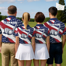 Load image into Gallery viewer, Men women golf team wearing matching US flag golf polo shirts, patriotic golf uniforms, golf league apparel, custom golf team attire