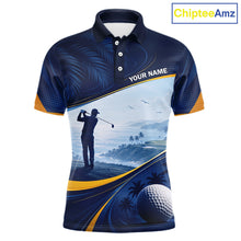 Load image into Gallery viewer, Men's palm trees golf polo shirt, tropical ocean golf apparel, personalized golf shirt, summer golf clothing, resort golf polo, golf vacation outfit