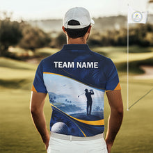 Load image into Gallery viewer, Male golfer wearing tropical palm trees golf polo shirt, ocean golf apparel, summer golf outfit, personalized golf clothing