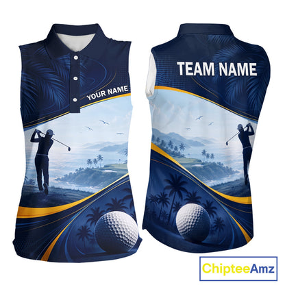Women's palm trees golf sleeveless polo shirt, tropical ocean golf apparel, personalized golf shirt, summer golf clothing, resort golf polo, golf vacation outfit