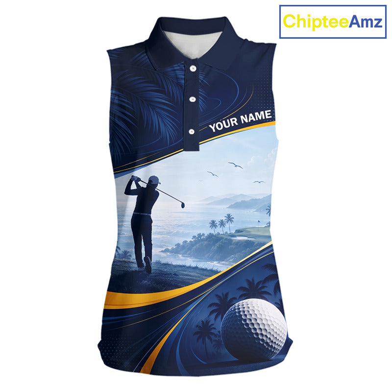 Women's palm trees golf sleeveless polo shirt, tropical ocean golf apparel, personalized golf shirt, summer golf clothing, resort golf polo, golf vacation outfit
