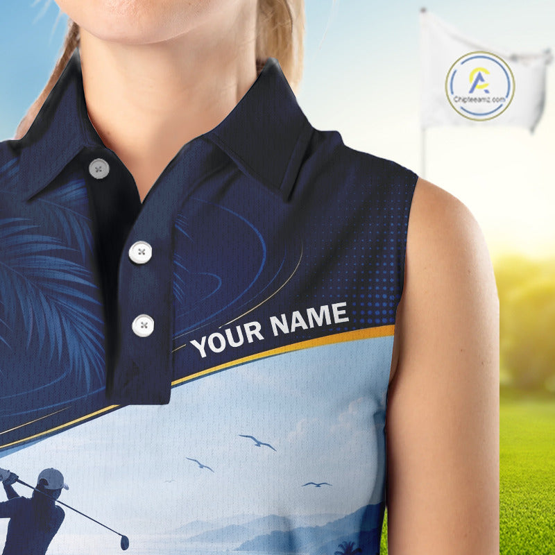 Female golfer wearing tropical palm trees golf polo shirt, ocean golf apparel, summer golf outfit, personalized golf clothing