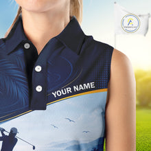 Load image into Gallery viewer, Female golfer wearing tropical palm trees golf polo shirt, ocean golf apparel, summer golf outfit, personalized golf clothing